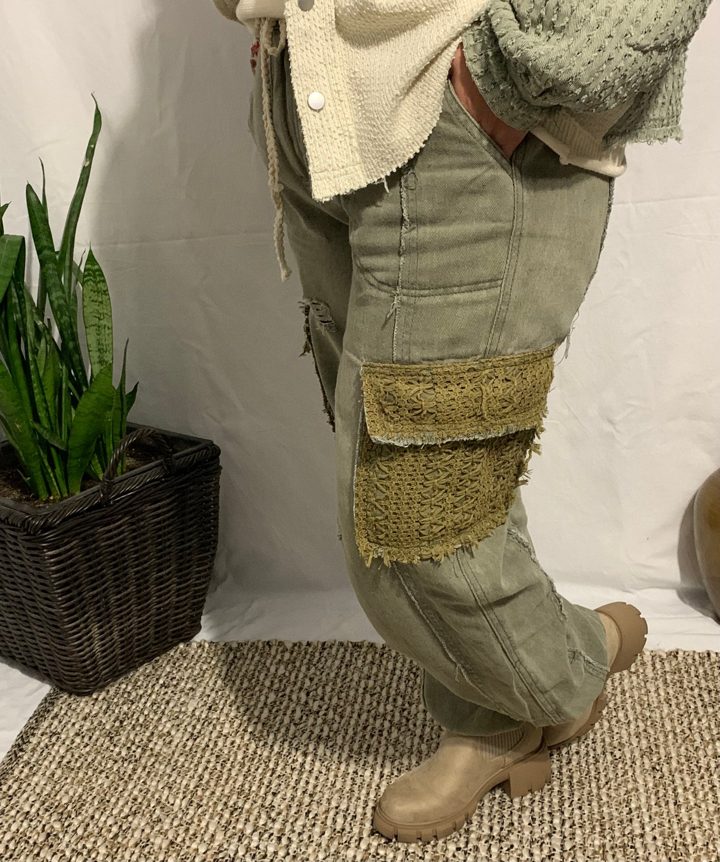 Crochet Cargo Green Denim Joggers
