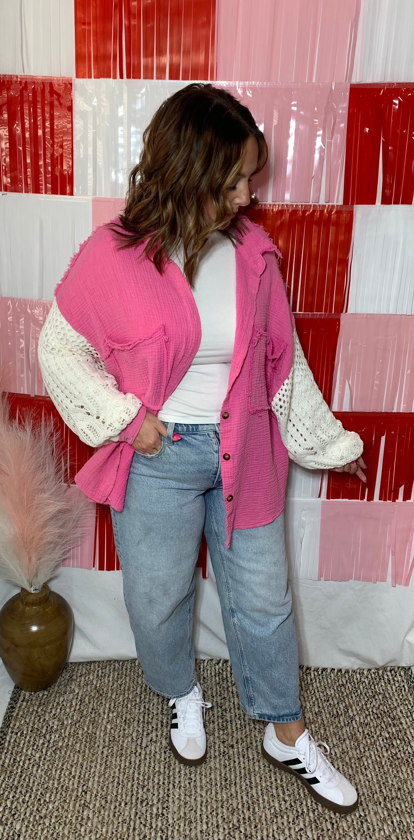 Crochet Button Up Top - Pink