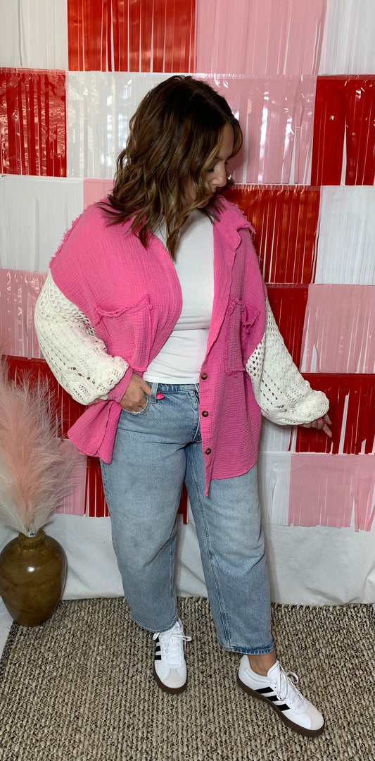 Crochet Button Up Top - Pink