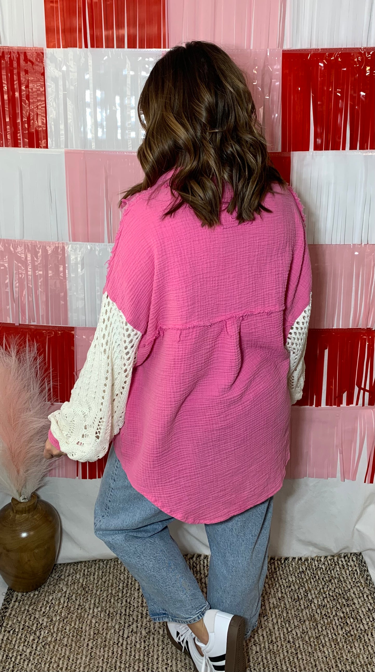 Crochet Button Up Top - Pink
