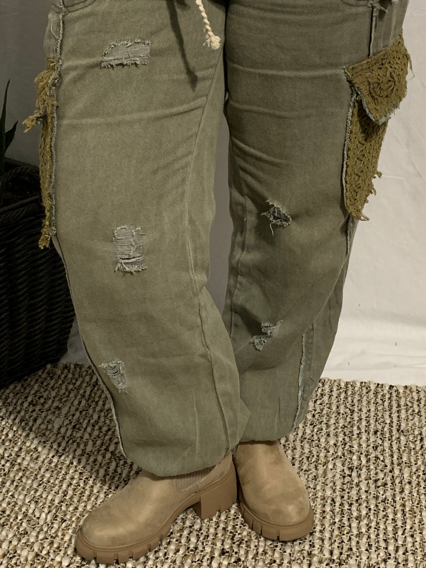 Crochet Cargo Green Denim Joggers