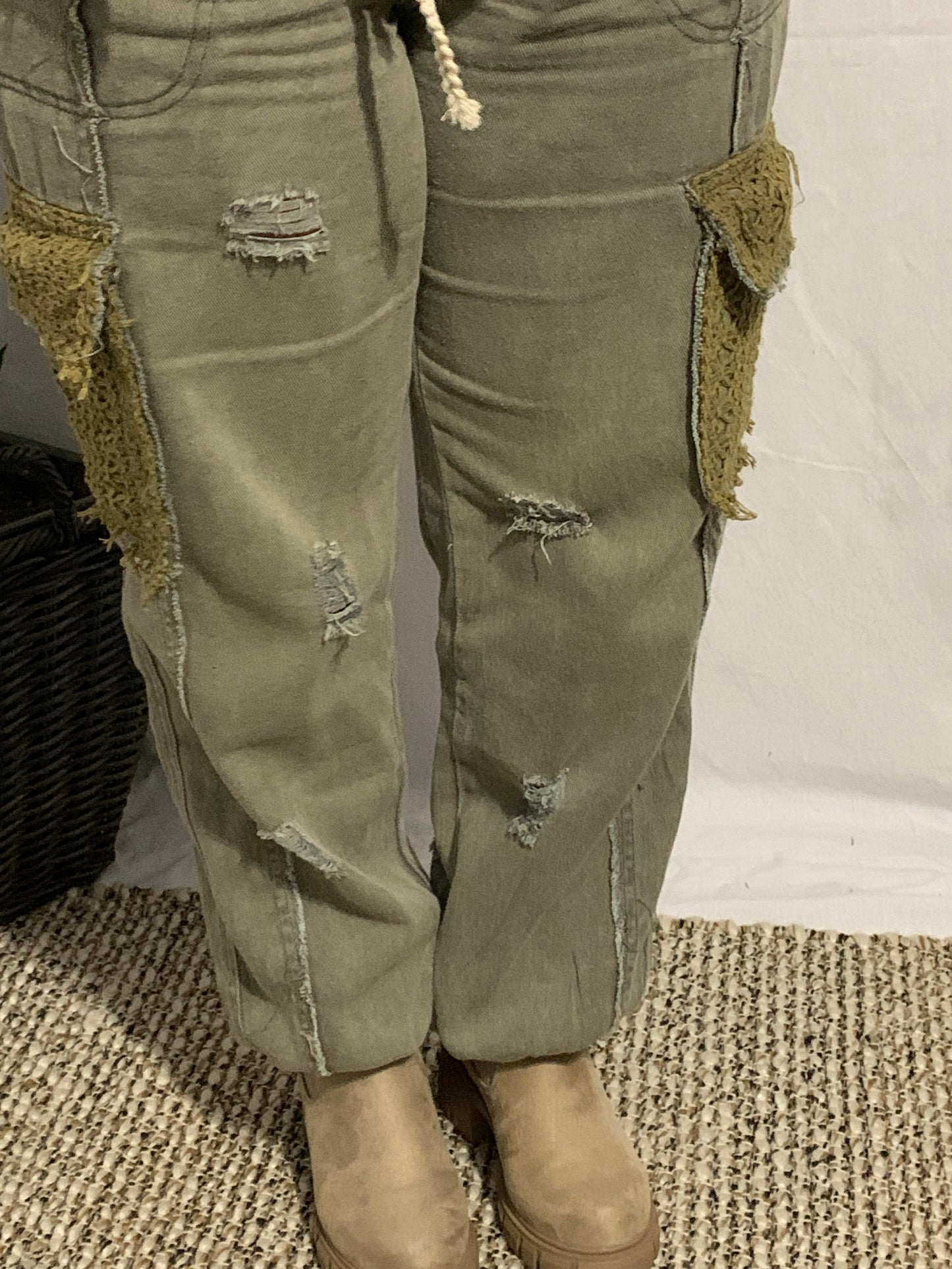 Crochet Cargo Green Denim Joggers